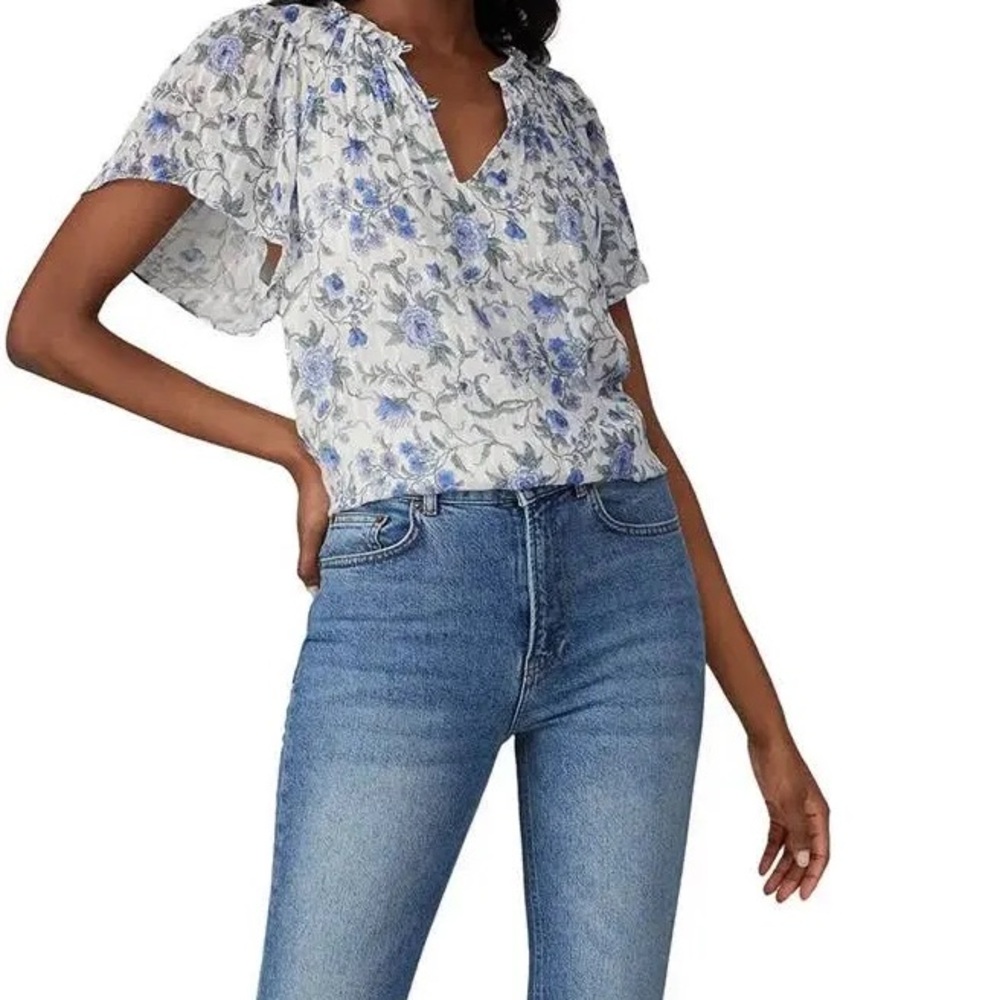 Rebecca Taylor blue and white floral Esmee print flutter sleeve Silk blouse 6